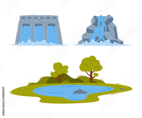 Pond with Natural Water, Fountain and Dam Vector Set