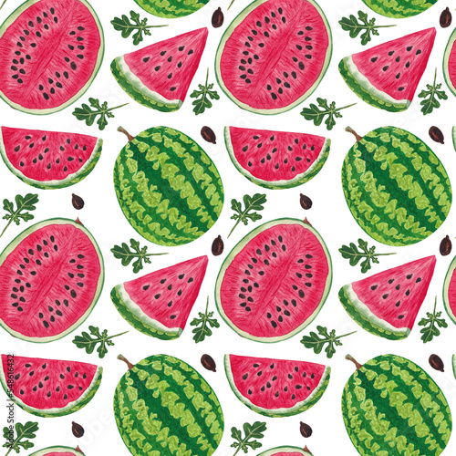 seamless pattern of hand made watercolor watermelon painted summer desing with fruits on white background