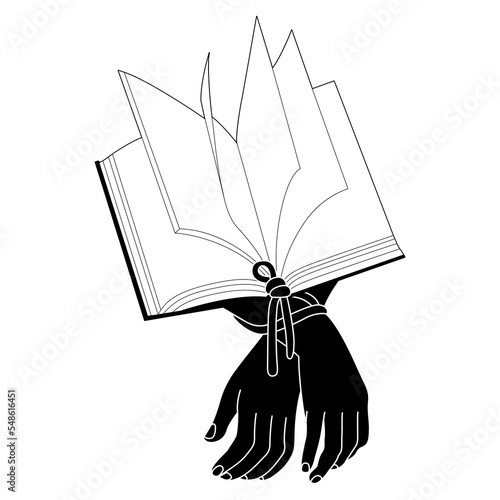 Human hands tied with a rope to a book or Bible. Burden of knowledge or religion. Addiction to reading. Creative concept. Black and white silhouette.