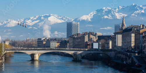 Picture of view of French Alps and Grenoble cable car and bridge in autumn  France.