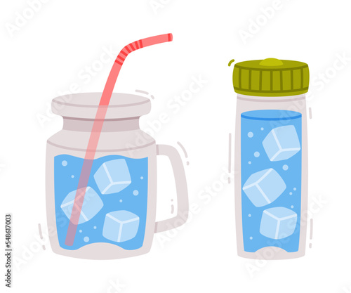 Water in Reusable Flask with H2O Pure Liquid Poured Inside with Ice Cubes Vector Set