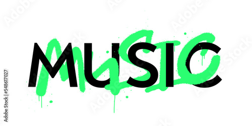 Vector illustration. Slogan of Music with typography, splash effects and drops. Urban street graffiti style. Concept for festival, record and vinyl store.1990s, Y2k style. Bright colors.