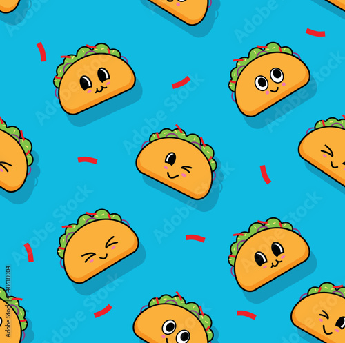Cute  Kawaii cartoon contrast vector Mexican tacos pattern on dark background. Nice bright Fast food pattern for textile, cafe and restaurant wrapping paper, covers, banners, background, wallpaper