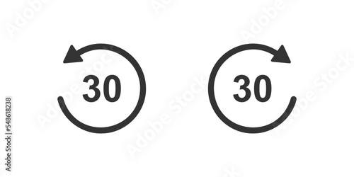 30 seconds rewind and fast forward icons with circle arrows. Round repeat and next buttons isolated on white background. Audio or video player playback elements. Vector graphic illustration