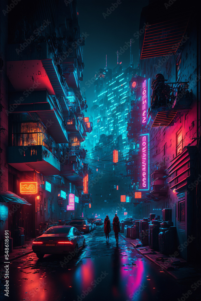 Sci-fi fantasy city, cyberpunk buildings illustration - obrazy, fototapety, plakaty 