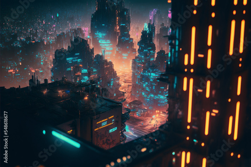 Sci-fi fantasy city, cyberpunk buildings illustration