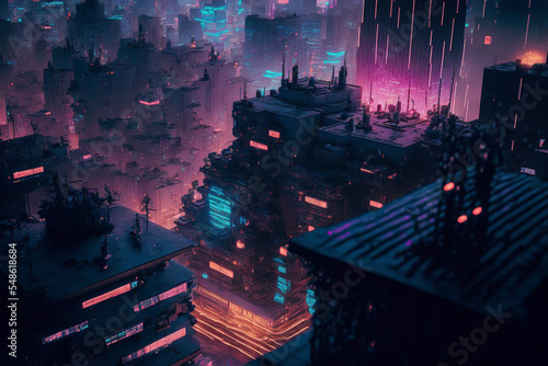Photo Sci-fi fantasy city, cyberpunk buildings illustration
