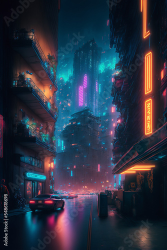 Sci-fi fantasy city, cyberpunk buildings illustration