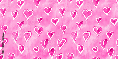 Baby pink playful hand drawn doodle valentine hearts seamless background texture. Cute kidult hotpink abstract girly girl barbiecore fashion trend backdrop. Kid's room textile pattern or wallpaper..