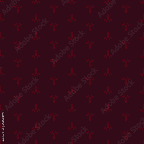 Small red ship anchors isolated on dark background. Cute monochrome seamless pattern. Vector simple flat graphic illustration. Texture.