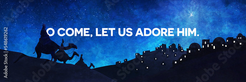 Quadro su tela Three kings follow the star of Bethlehem with O come, let us adore Him, typography in panoramic format