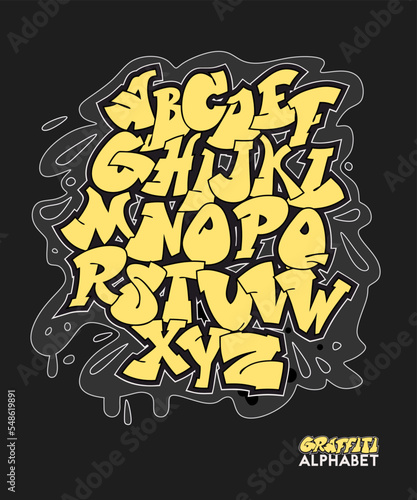 Graffiti alphabet. Comic style hand drawn font isolated on white background.
