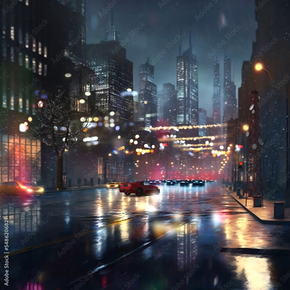 Naklejka premium Night city blurred light car traffic people with umbrellas rain drops in rainy Christmas town urban scene