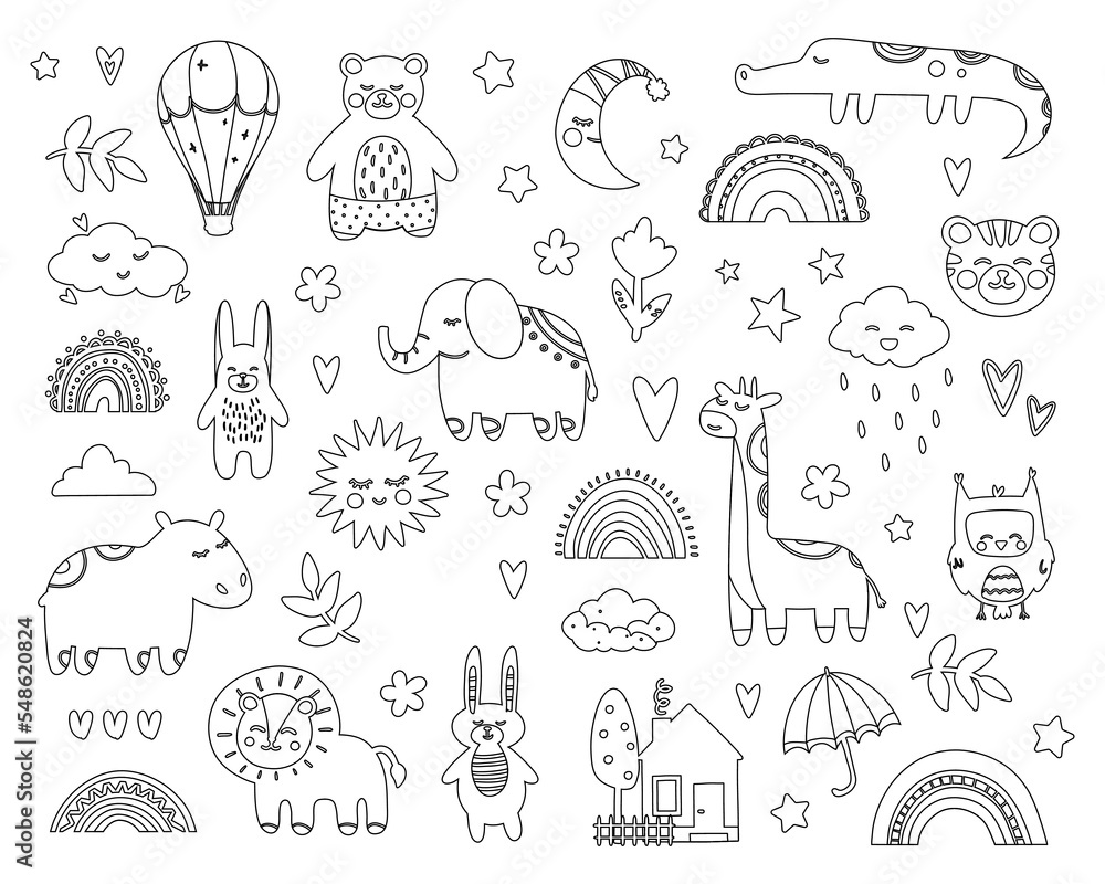 Baby line icons set. Collection of stickers for social networks and messengers. Elephant, hippopotamus and hare. Sun, lion and owl. Cartoon flat vector illustrations isolated on white background