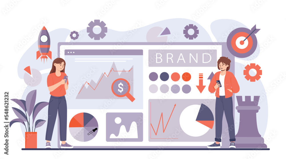 Brand online service. Girl on background of graphs and diagrams, colleagues and partners, analytics, infographics and work with information. Knowledge and information. Cartoon flat vector illustration