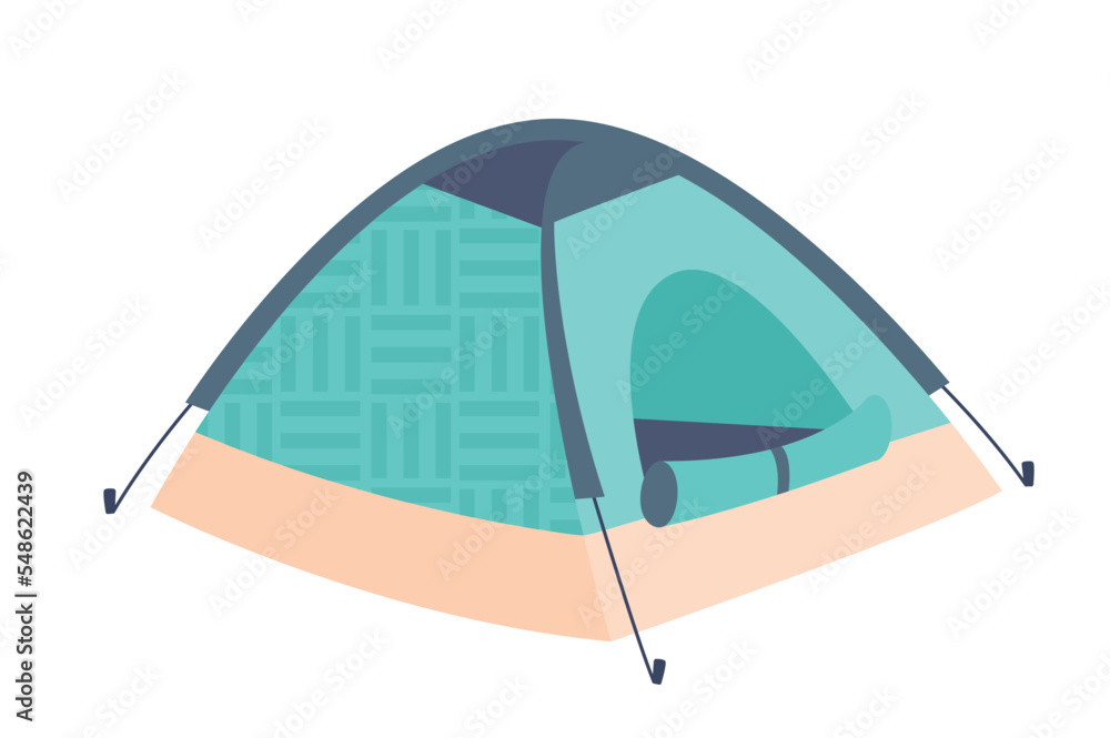 Camping tent icon. Hiking inventory. Graphic element for website. Template, layout and mockup. Travel and tourism, active lifestyle. Rest in forest, outdoor. Cartoon flat vector illustration