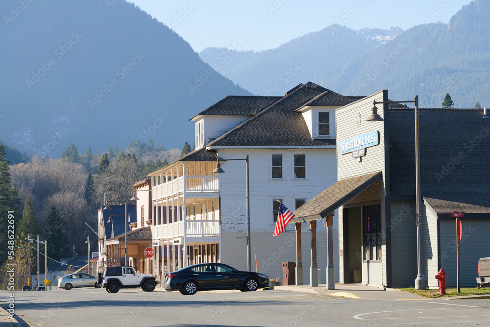 Skykomish, WA, USA November 18, 2022; View west along Railroad Avenue