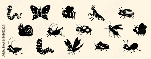 Insects black set. Collection of stickers for social networks and messengers. Caterpillar, snail and butterfly. Fauna and spring season. Cartoon flat vector illustrations isolated on beige background © Rudzhan
