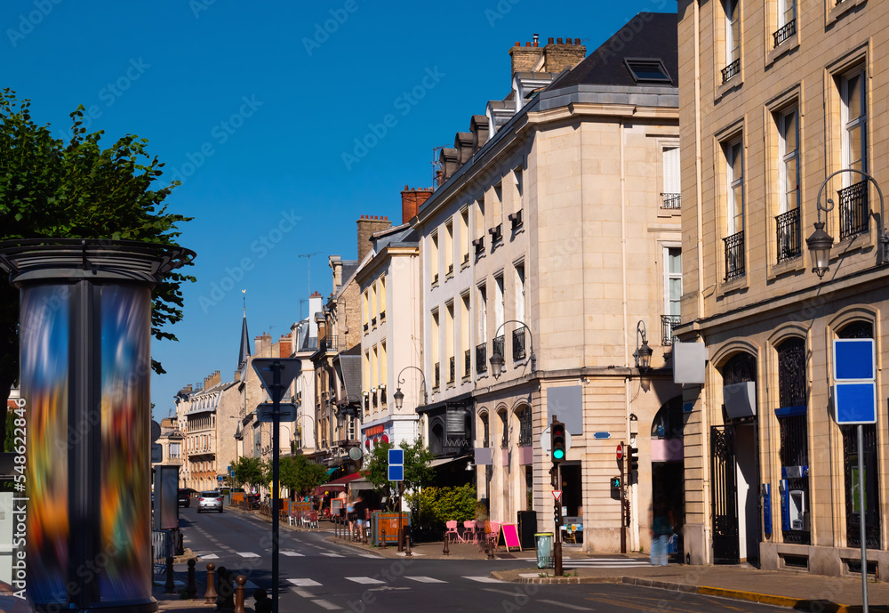 Street of Reims during daytime. City in department of Marne, Grand Est, France.