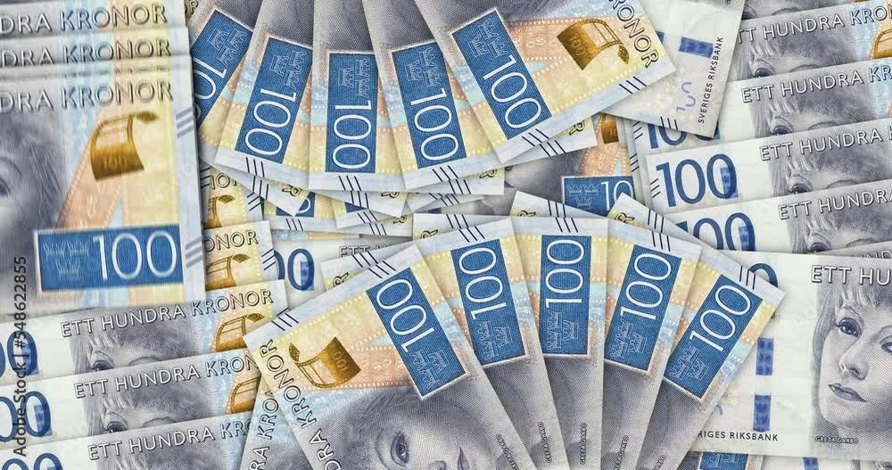 Swedish Krona banknotes in a cash fan mosaic pattern loop. Sweden 100 SEK notes. Abstract concept of bank, finance, economy seamless and looped decorative design background.