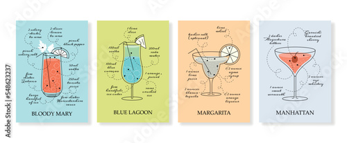 Cocktails banners set. Collection of graphic elements for sites, covers. Holiday and festival. Greeting and invitation card design. Cartoon flat vector illustrations isolated on white background