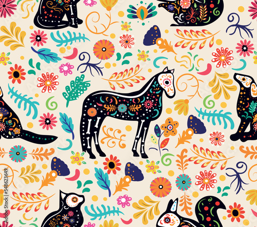Dia de muertos seamless pattern. Repeating design element for printing on fabric. Symbol of holiday and festival, culture and traditions. Dead pets, cats and dogs. Cartoon flat vector illustration