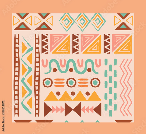 Ethnic seamless pattern. Repeating design element for printing on fabric. Multicolored minimalistic geometric shapes and lines. Bright and colorful carpet icon. Cartoon flat vector illustration