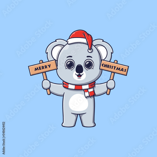 cute koala holding wooden board with christmas greetings