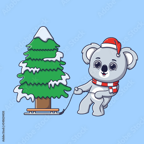 cute koala pulling a sled with pine tree