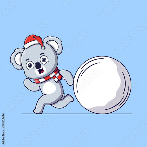 cute koala running away from a big snowball