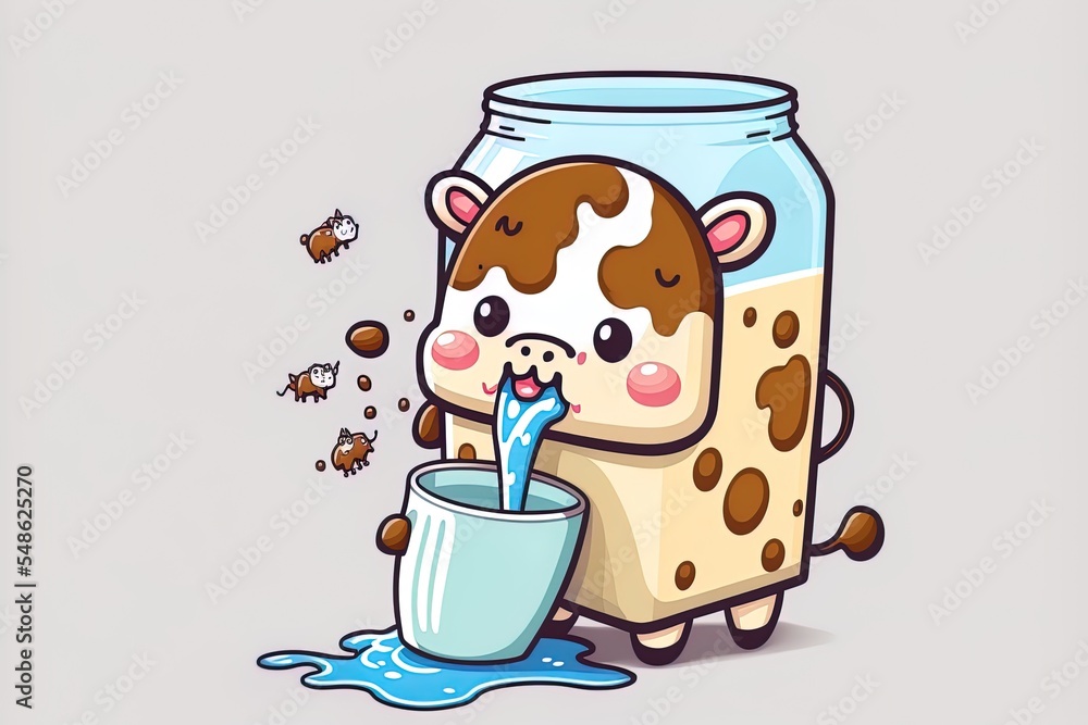 Cute Cow Drinking Milk Cartoon 2D Illustrated Icon Illustration Animal
