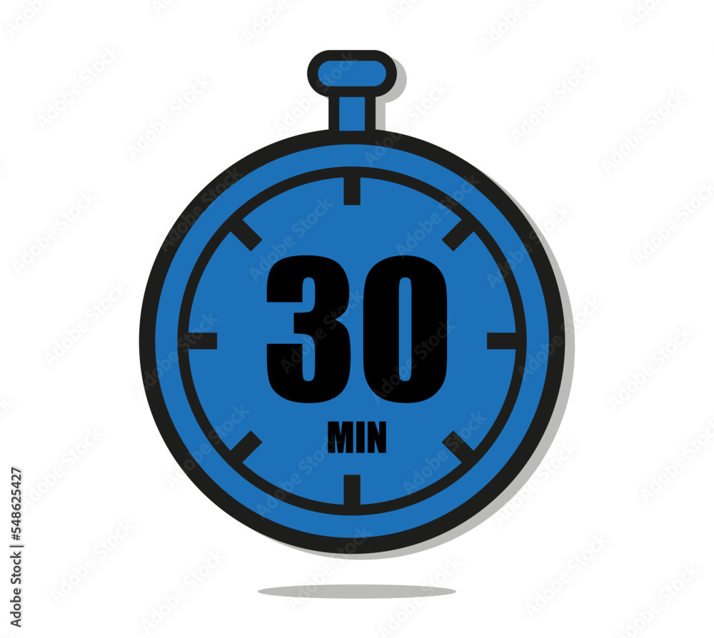 30 minutes timer clock icon flat design isolated on white background. Vector illustration in blue 30 minutes timer clock icon flat design isolated on white background. Vector illustration in blue