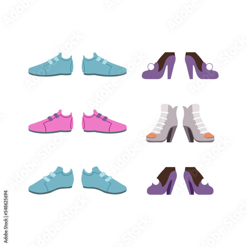 Footwear set. Stylish fashion female shoes, sneakers and high heels cartoon vector illustration