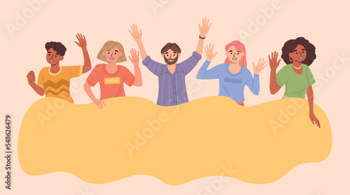 Happy people banner. Men and women wave their hands affably near speech bubble. Communication and interaction, friends. Graphic element for site. Template and mock up. Cartoon flat vector illustration
