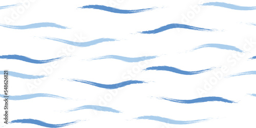 Seamless Wave Pattern, Hand drawn cute water vector background. Watercolor sea brush smears, baby paint lines design