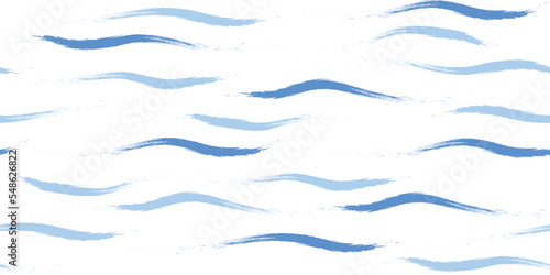 Seamless Wave Pattern, Hand drawn cute water vector background. Watercolor sea brush smears, baby paint lines design