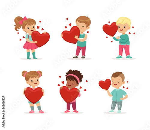 Cute little boys and girls set. Children giving and sharing love cartoon vector illustration i