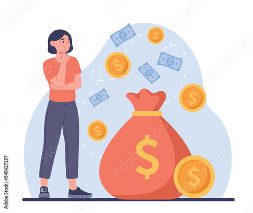 Woman with money. Young girl stands next to bag of gold coins against background of falling banknotes. Successful investor or entrepreneur, passive income concept. Cartoon flat vector illustration