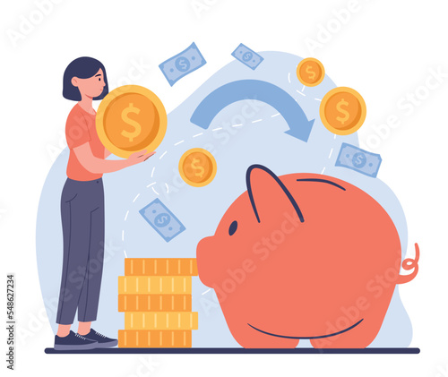 Woman with piggy bank. Young girl with gold coin in her hands. Financial literacy and passive income, savings. Economy and trading. Banking operations metaphor. Cartoon flat vector illustration
