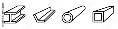 Conjunto de materiales metálicos. Tubo, Viga y barras metálicas. Materiales de construcción. Ilustración vectorial