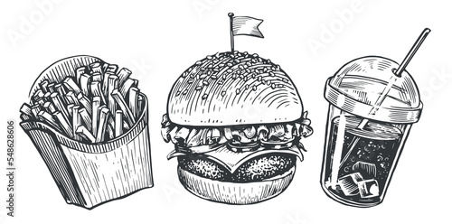 Fast Food set vintage. Burger, french fries and cola with ice in cup sketches. Vector illustration in retro style