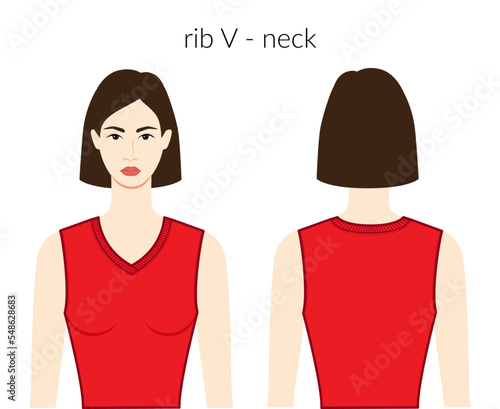 Rib V - neckline clothes knits, sweaters character beautiful lady in red top, shirt, dress technical fashion illustration fitted. Flat apparel template front, back sides. Women, men unisex CAD mockup