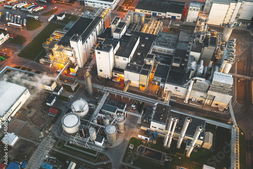 View from a height at night on a chemical plant, an oil refinery at night