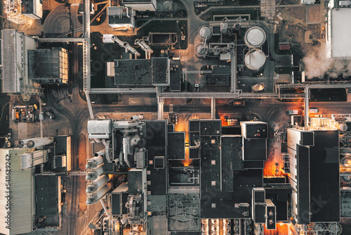 Industry, aerial view of an oil refinery, factory at night