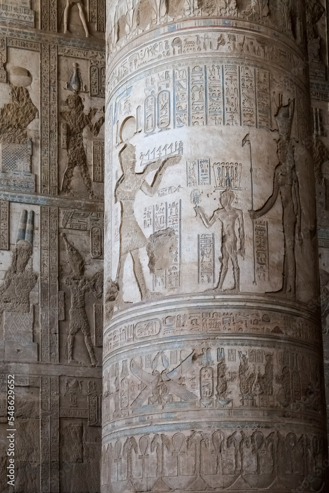 Egypt, Esna, Hieroglyphics carved into columns at Temple of Dendarah Egypt, Esna, Hieroglyphics carved into columns at Temple of Dendarah