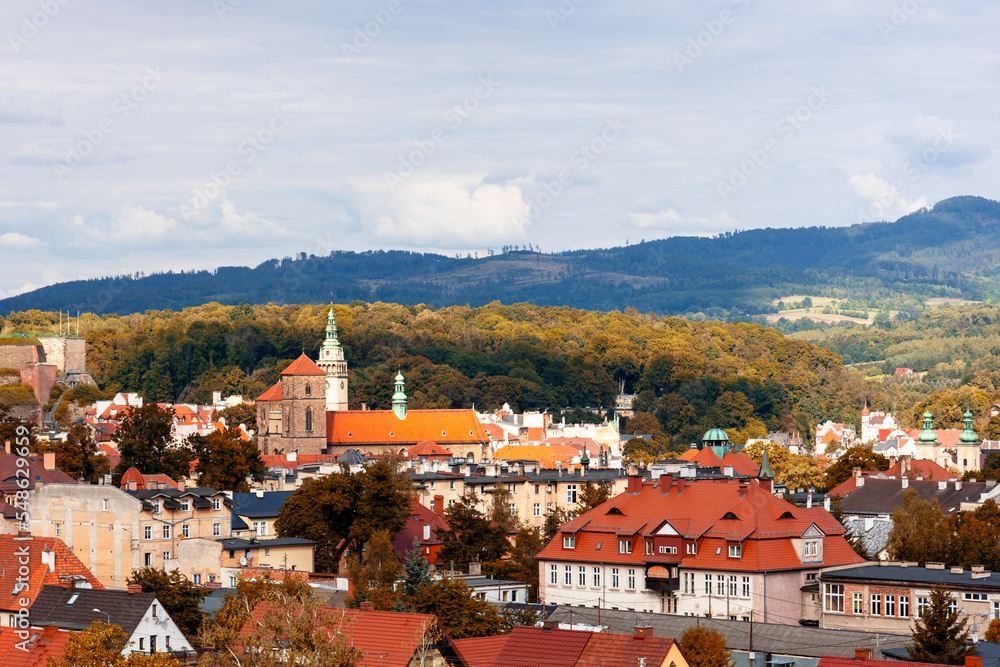 Scenic panoramic view of the historic town of Klodzko in autumn, Poland