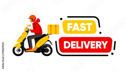 Fast Delivery banner. Scooter with a man delivering an order. Delivery concept. Vector illustration.