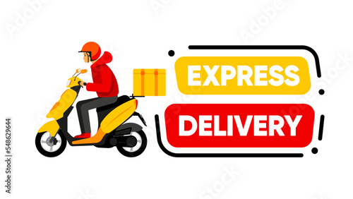 Express Delivery banner. Scooter with a man delivering an order. Delivery concept. Vector illustration.