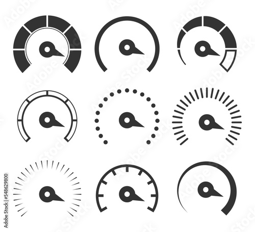 Speedometer, tachometer collection. Speed indicator sign. Internet car speed. Performance concept. Vector illustration.