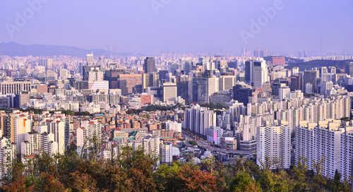A bird s-eye view of the metropolis of Seoul from the top of the mountain                                                         